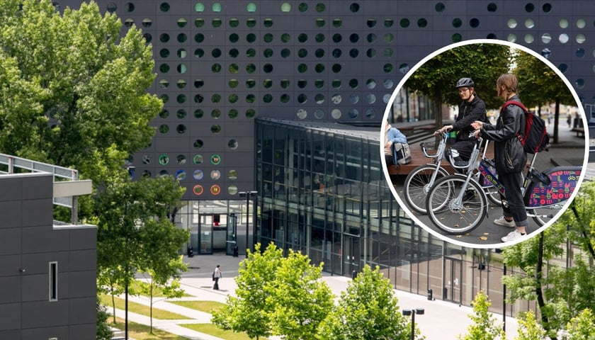 Zdjęcie ilustracyjne przedstawiające kampus Politechniki Wrocławskiej, w prawej części nałożone okrągłe zdjęcie z dwoma młodymi osobami stojącymi z rowerami - studenci.