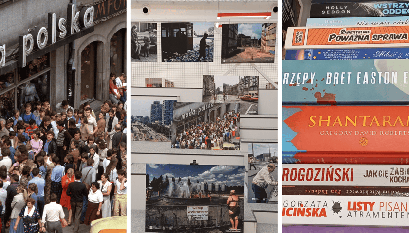 Kolaż 3 zdjęć. Od lewej: słynne zdjęcie Chrisa Niedenthala zrobione we Wrocławiu w 1982 roku, wystawa w bibliotece Grafit na Ołbinie, książki, które można będzie kupić na kiermaszu.