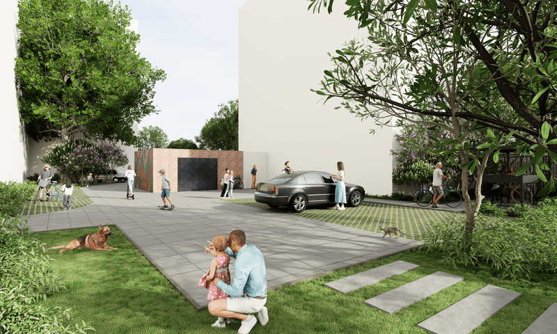 Tak będzie wyglądało podwórko przy ul. Brzeskiej 25A po metamorfozie. Na wizualizacji widać mieszkańców, dużo zieleni, trawnik, nowe nawierzchnie i miejsca parkingowe