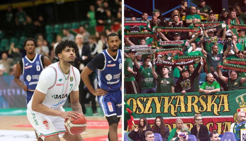 Zdjęcie podzielone na dwie części: z lewej koszykarz z piłką szykuje się do rzutu, w tle zawodnicy przeciwnej drużyny; z prawej kibice z szalikami na trybunach - mecz Śląska Wrocław z MKS Dąbrowa Górnicza w Hali Orbita.