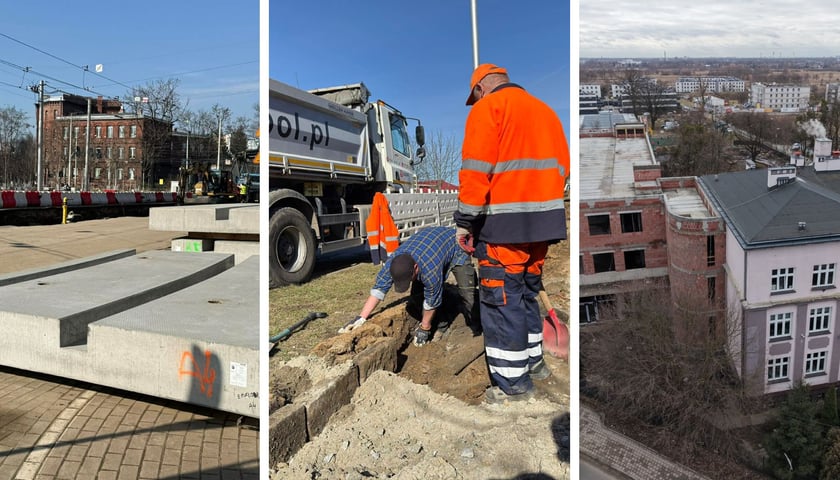Zdjęcie podzielone na trzy części - z lewej - prace przy renowacji torowiska na ul. Glinianej, w środku - remont chodnika na ul. Łużyckiej, z prawej - rozbudowa szkoły na ul. Gorlickiej.