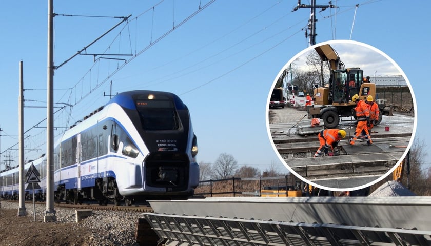 Zdjęcie ilustracyjne - pociąg jadący torami zbliżający się do pomostu, w prawej części nałożone okrągłe zdjęcie z robotnikami i maszyną na przejeździe kolejowym.