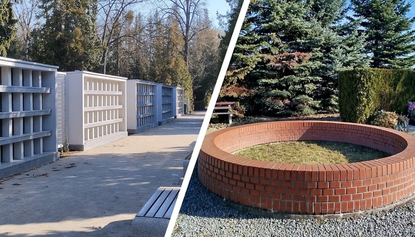 Po lewej kolumbarium na cmentarzu Osobowickim, po prawej Ogród Pamięci na cmentarzu na Pawłowicach. Na zdjęciu po lewej murowana z niszami, po lewej okrąg z cegieł w zieloną przestrzenią wewnątrz