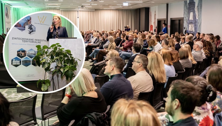 Na dużym zdjęciu ludzie podczas konferencji „Modele funkcjonowania Centrów Aktywności Lokalnej (CAL-e) i ich sieci (SCAL-e)”, na małym zdjęciu wiceprezydent Renata Granowska przemawia podczas konferencji 