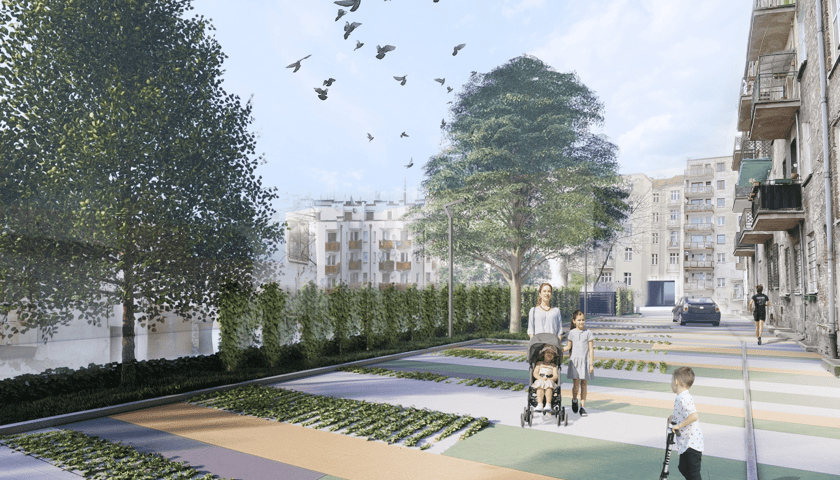 Po prawej: podwórko w obecnym stanie. Po lewej: wizualizacja - tak ma wyglądać podwórko po remoncie - uporządkowana zieleń, oświetlenie, wyremontowane chodniki, dużo kolorów