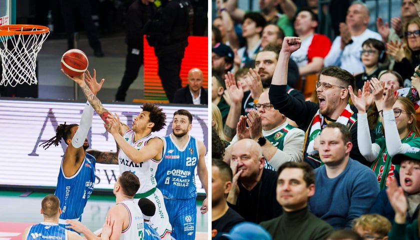 Zdjęcie podzielone na pół: z lewej dwóch koszykarzy w wyskoku z piłką i kilku innych wokół nich pod koszem; z prawej - kibice dopingujący na trybunie podczas meczu Śląsk Wrocław - Górnik Wałbrzych w Hali Stulecia 10 marca 2026 r.
