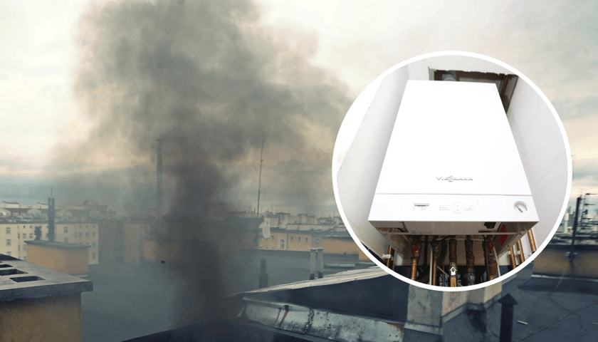 Czarny dym unoszący się z komina jednej z kamienic we Wrocławiu. W kółku piec gazowy, który jest ekologicznym źródłem ciepła