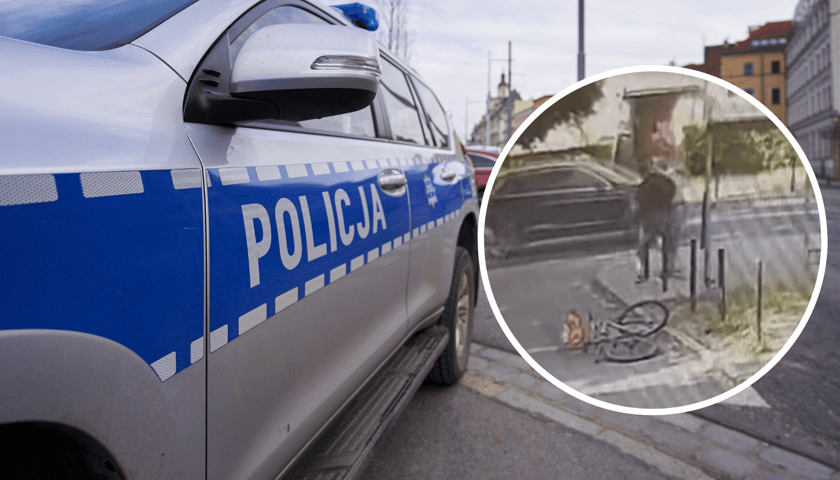 Radiowóz stojący bokiem, w kółku zrzut z monitoringu z wizerunkiem napastnika