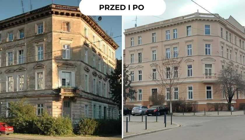 Kamienica na roku Zegadłowicza i Kraszewskiego przed i po remoncie (od lewej do prawej)