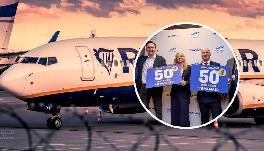 Duże zdjęcie: samolot Ryanaira (fot. materiały prasowe Portu Lotniczego Wrocław ). Małe zdjęcie: prezes Buzz Michał Kaczmarzyk,  dyrektorka ds. Komunikacji w Ryanairze Alicja Wójcik Gołębiowska i prezes Portu Lotniczego Wrocław Karol Przywara podczas ogłaszania letniej siatki połączeń (fot. Oleksandr Poliakovsky)