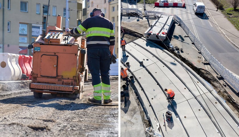 Remont torowiska na Glinianej. Na lewym zdjęciu rejon skrzyżowania z ulicą Łódzką, na prawym skrzyżowanie z Borowską 