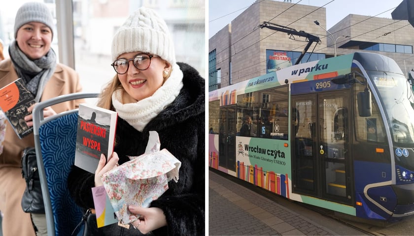 Na zdjęciu z lewej kobiety z książką otrzymaną podczas akcji „Wrocław czyta”, z prawej BookTram czyli tramwaj, w którym rozdawane są książki