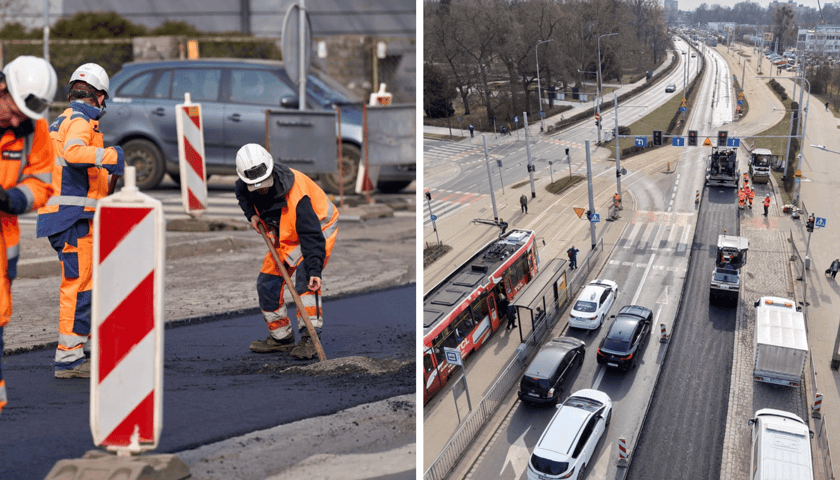 Zestawienie 2 zdjęć: z lewej pracownicy kładą masę bitumiczną na ul. Powstańców Śląskich, z prawej widok z drona na prace.