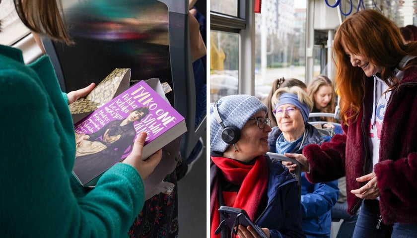 Po lewej: książka Sylwii Zientek, po prawej: aktorka Justyna Szafran rozdająca książki pasażerom MPK