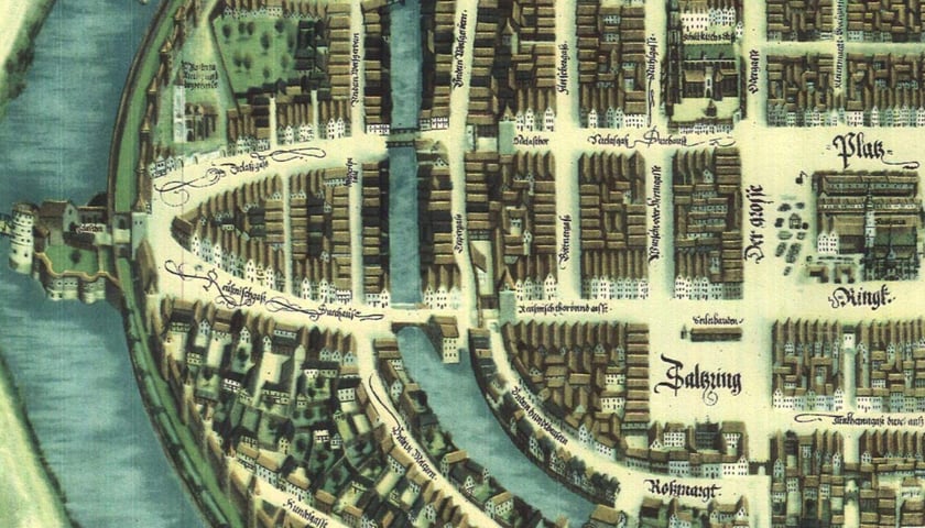 Fragment mapy Wrocławia z 1562 roku. Nieopodal wewnętrznej fosy widoczna nieistniejąca już Brama Ruska.