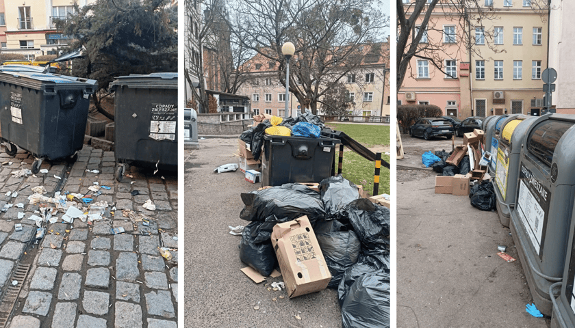 Śmieci zalegające obok kubłów na wszystkich trzech zdjęciach - podwórko w centrum Wrocławia