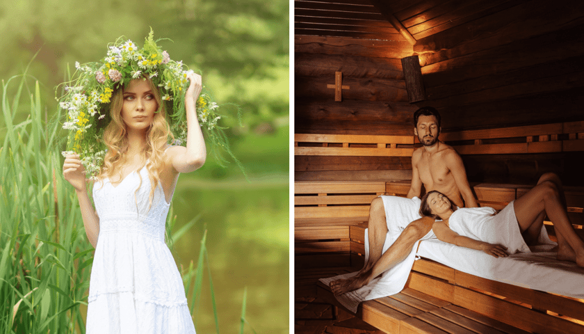 Kolaż 2 zdjęć: z lewej kobieta w białej sukience i wianku z kwiatów, z prawej para w saunie