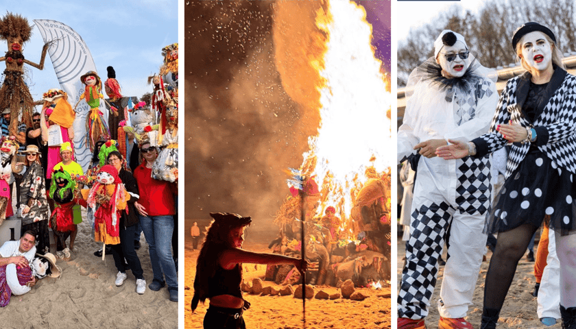 Z lewej uczestnicy pochodu z Marzannami, w środku potężne ognisko, z prawej uczestnicy konkursu na najlepsze przebranie