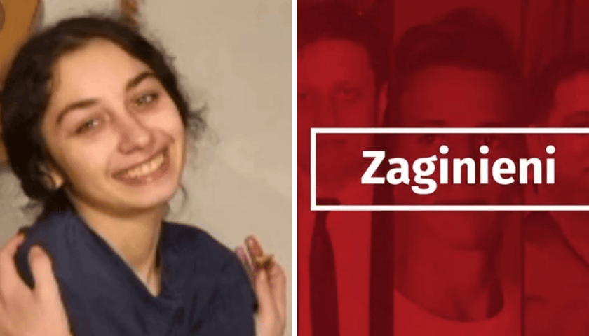 Z lewej zaginiona 17-letnia Roksana Hnitecka z Brzegu Dolnego, z prawej plansza z napisem Zaginieni