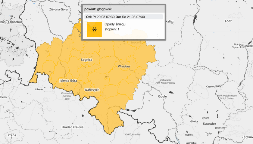 <p>Ostrzeżenia 1. stopnia przed śniegiem w piątek dla Dolnego Śląska</p>