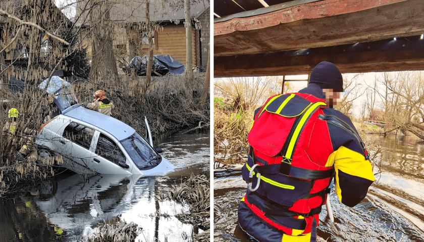 Kolaż 2 zdjęć: akcja związana z przeszukiwaniem rzeki Młynówki w Kiełczówku pod Wrocławiem, z lewej Fiat Punto częściowo zanurzony w wodzie, z prawej ratownik WSR
