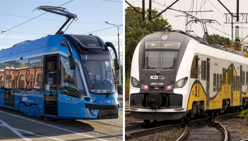 Zdjęcie wrocławskiego tramwaju i dolnośląskiego pociągu. Na Maślicach te dwa środki transportu będą się spotykać w rejonie ulic Maślickiej i Głównej, gdzie będzie można wygodnie przesiadać się między pociągami, tramwajami, autobusami, rowerami i samochodami