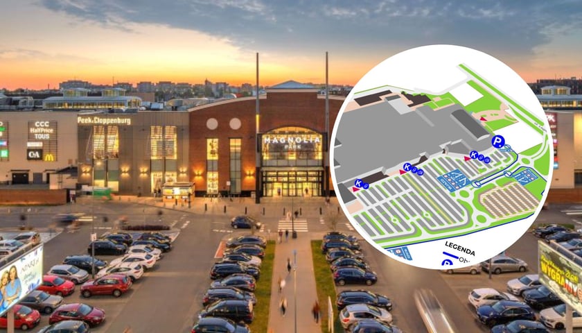 Budynek centrum handlowego Magnolia Park. Mapa z parkingiem. Od 1 czerwca 2026 r.  za parking przy ul. Legnickiej trzeba będzie płacić.