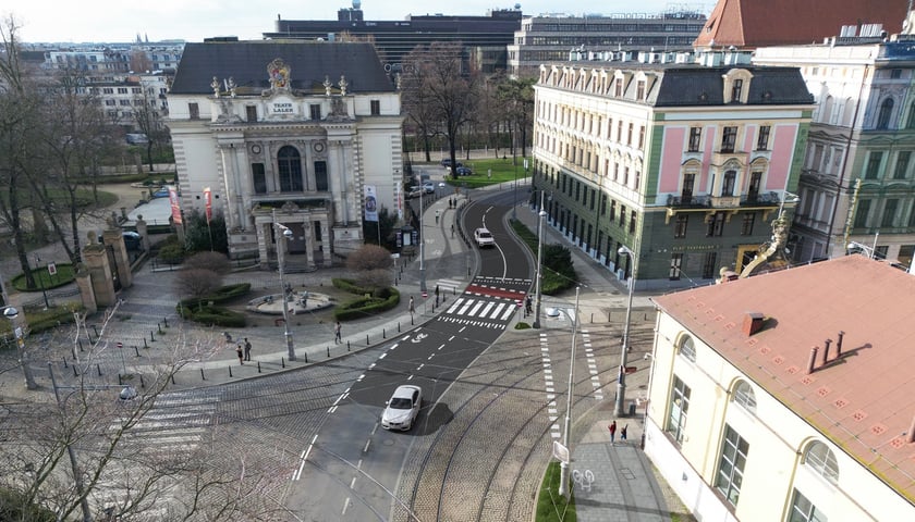 Wizualizacja przedstawia ulicę Boże Ciało z drogą rowerową 