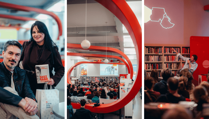 Kolaż 3 zdjęć z pierwszego dnia festiwali Równoleżnik Zero. Od lewej Tomasz Michniewicz, publiczność w Mediatece, Bartek Sabela