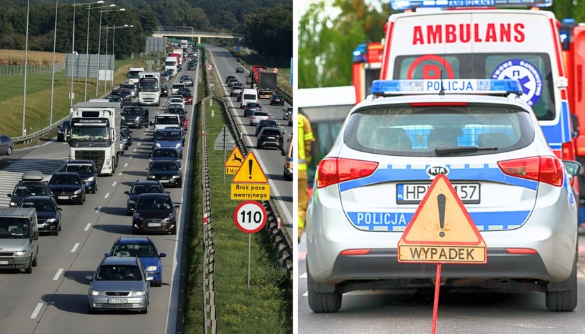 Samochody na drodze, radiowóz, karetka pogotowia, napis wypadek, zdjęcie ilustracyjne