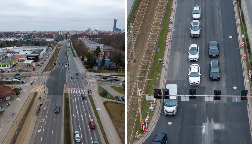 Widok z lotu ptaka na skrzyżowanie Powstańców Śląskich z Krzycką i Waligórskiego. Zdjęcia z 28.03.2026 r. 