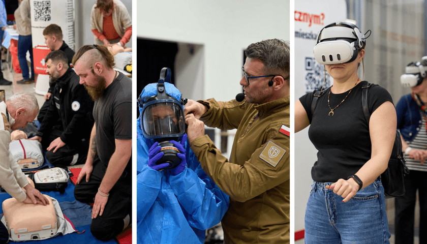 Kolaż 3 zdjęć z pierwszego szkolenia nowej edycji programu Bezpieczny Wrocław. Od lewej: pierwsza pomoc, zakładanie kombinezonu ochronnego, ćwiczenia przy pomocy okularów VR