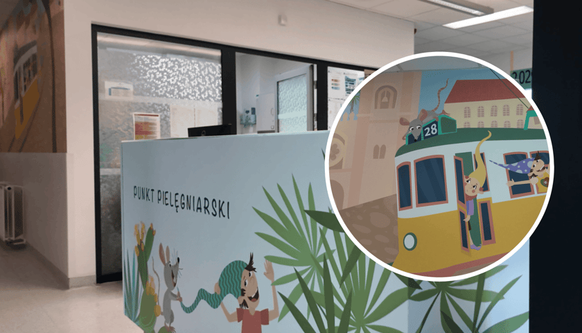 Punkt pielęgniarski w Przylądku Nadziei we Wrocławiu, w kółku jeden z obrazów na ścianach