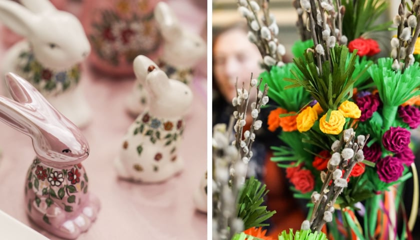 Ozdoby wielkanocne. Na zdjęciu baranek z cukru oraz stroik z baziami i kwiatami