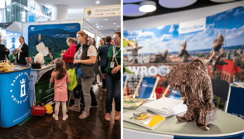 Międzynarodowe Targi Turystyki i czasu wolnego 2025. Z lewej odwiedzający przy jednym ze stoisk, z prawej figurka krasnala. 