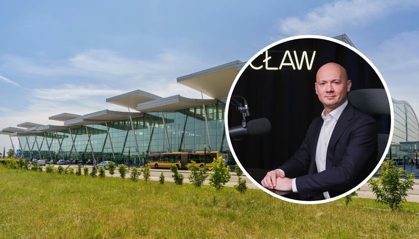 Terminal wrocławskiego lotniska, w kółeczku Karol Przywara, prezes zarządu Portu Lotniczego Wrocław S.A.