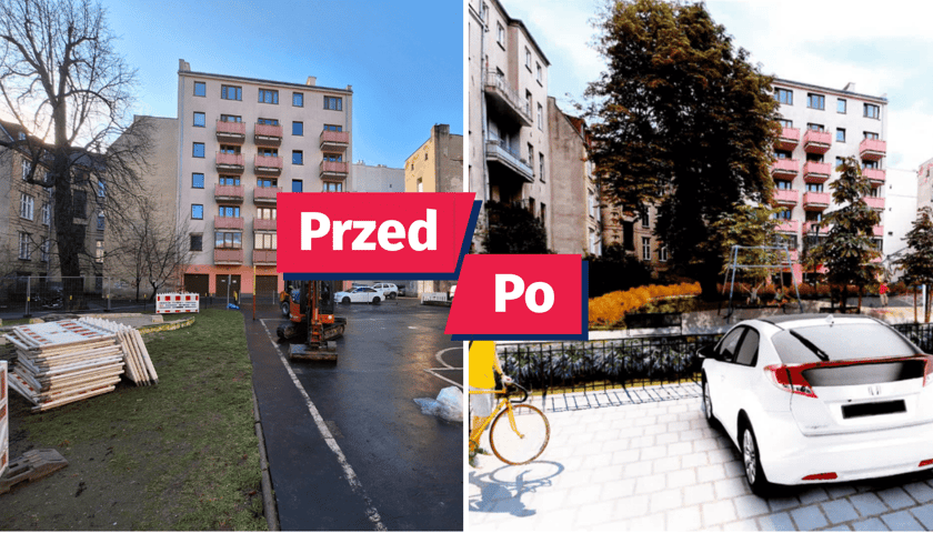 Po lewej podwórko przed przebudową, po prawej w przyszłości - na wizualizacjach