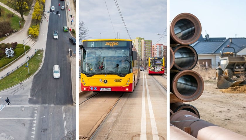 Zestawienie zdjęć: wyremontowana Grabiszyńska, wybudowana trasa autobusowo-tramwajowa na Bardzkiej i budowa kanalizacji na Żernikach  