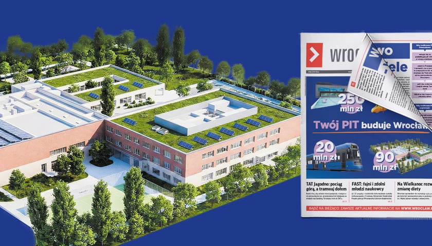 Grafika przedstawiająca budynek zespołu szkolno-przedszkolnego przy ulicy Zwycięskiej oraz nowe wydanie biuletynu