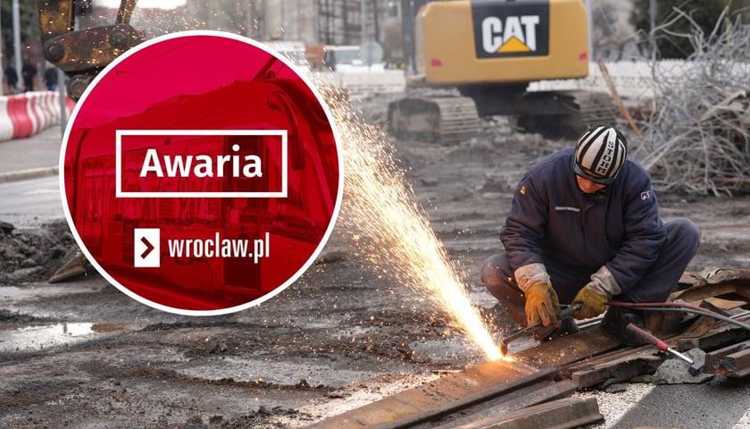 Prace na torowisku, w kółku: napis ''awaria'' / zdjęcie ilustracyjne