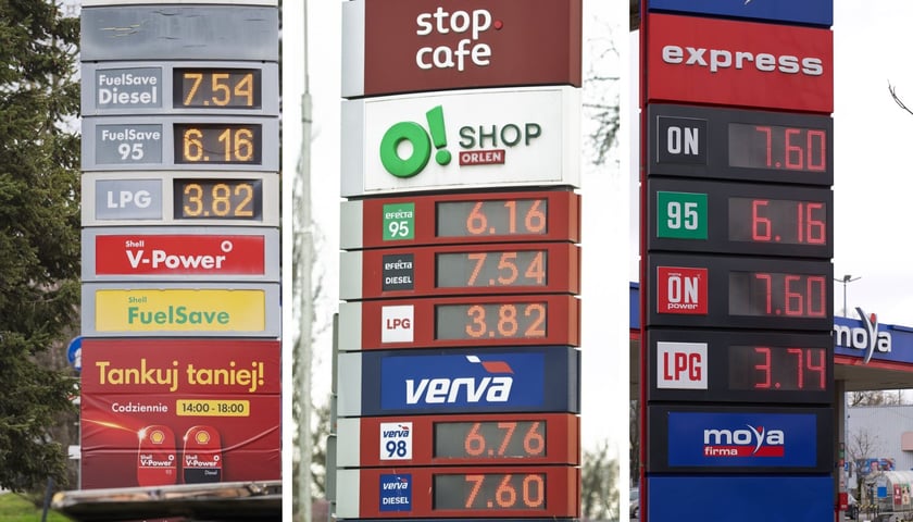 Zdjęcia przedstawiają cenniki na wrocławskich stacjach benzynowych 