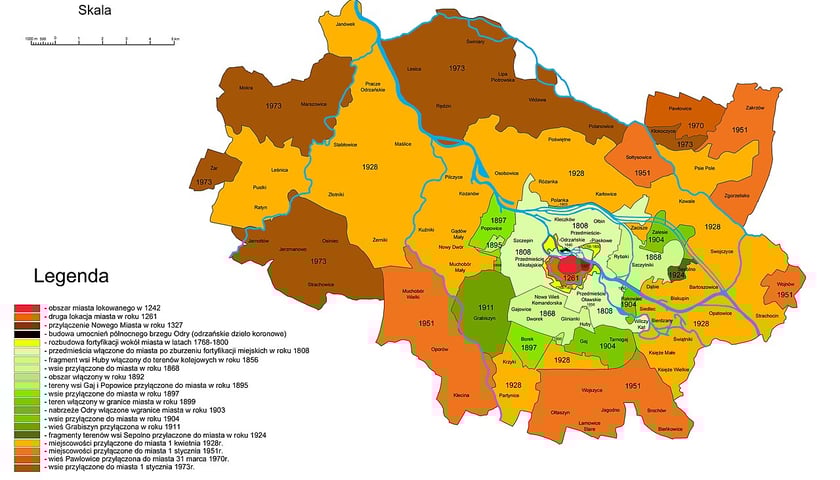 <p>Rozw&oacute;j terytorialny Wrocławia, mapa.</p>