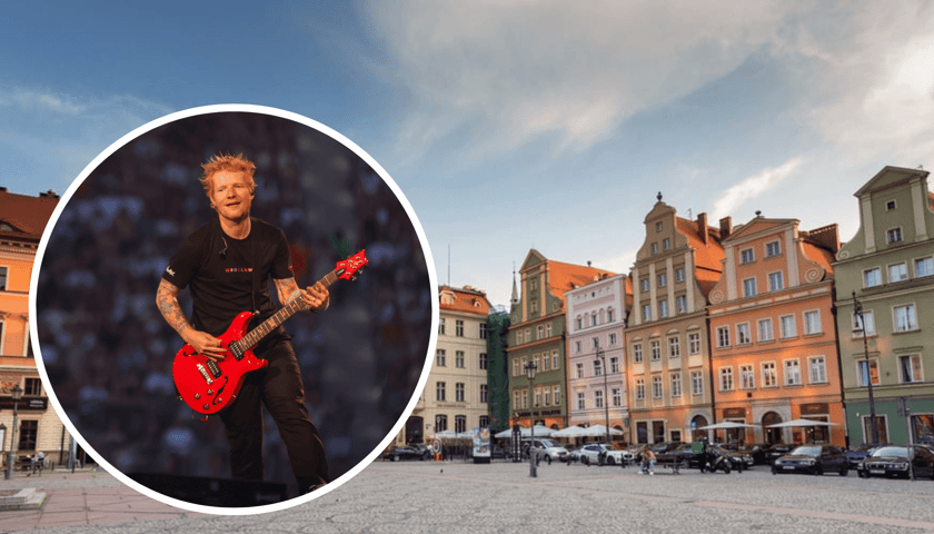 Na zdjęciu w owalu piosenkarz Ed Sheeran, w tle plac Solny we Wrocławiu