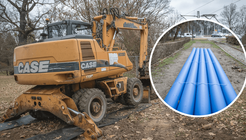 Z lewej koparka przy ul. Mickiewicza, w kółku z prawej niebieskie rury