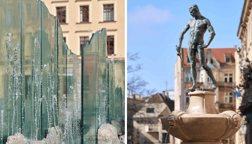 Kolaż 2 zdjęć: fontanna Zdrów na Rynku i fontanna Szermierz na Pl. Uniwersyteckim we Wrocławiu, 1 kwietnia 2026