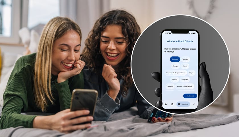 Na zdjęciu w tle dwie dziewczyny z zainteresowaniem patrzą na ekran telefonu komórkowego, w owalu ekran telefonu z aplikacją Olimpia