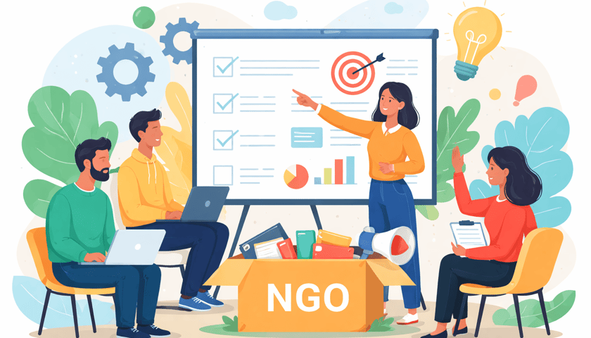 Grafika ilustracyjna; grupa osób bierze udział w szkoleniu.