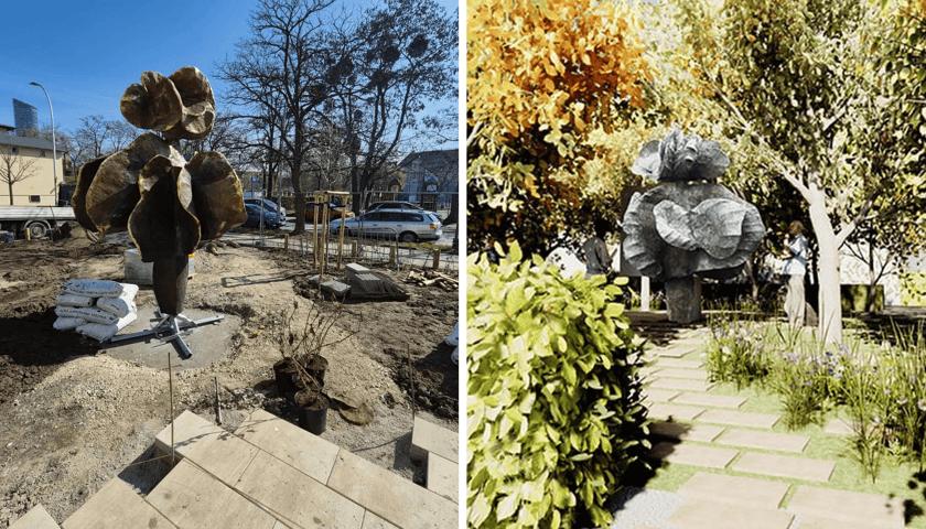 Zestawienie dwóch zdjęć: z lewej odnowiona rzeźba „Święto Kwiatów” na skwerze przy Sztabowej/Podchorążych. Z prawej wizualizacja skweru z rzeźbą