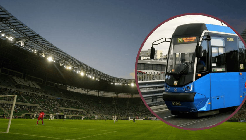 Na dużym zdjęciu stadion Tarczyński Arena, na małym tramwaj MPK