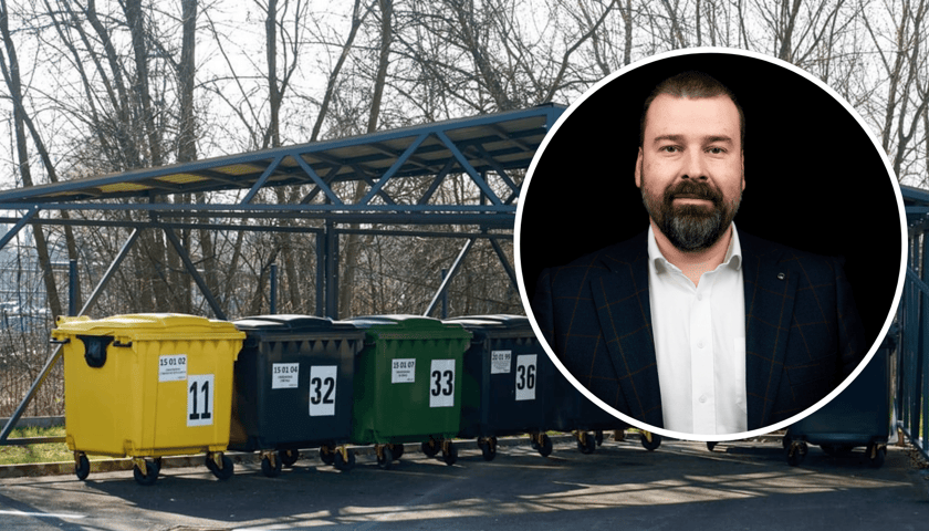 Kolaż 2 zdjęć: Paweł Karpiński, prezes zarządu spółki Ekosystem, w tle pojemniki na odpady na jednym z wrocławskich PSZOK-ów